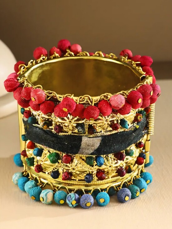 Jewelry - Handcrafted Multicolor Fabric-Bead Cuff Bracelet - Boho Gold Accent